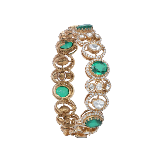Zarina Emerald Halo Bangle with Crystal Polki Accents