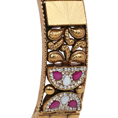 Saanvi Heritage Kada with Ruby-Emerald Panels and Antique Gold Finish