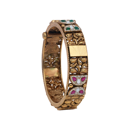 Saanvi Heritage Kada with Ruby-Emerald Panels and Antique Gold Finish
