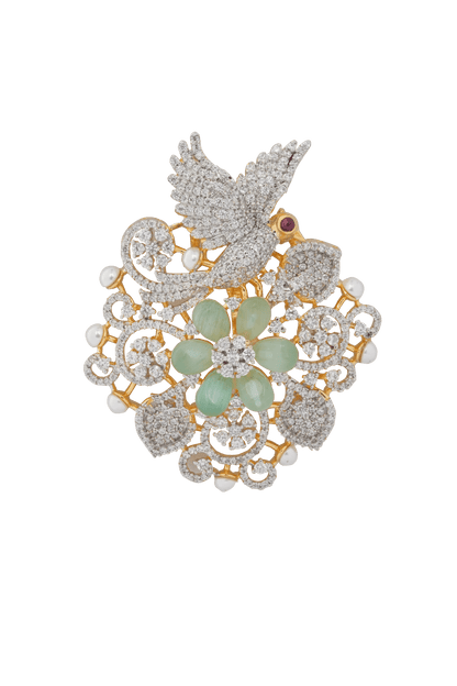 Blossom in Flight: Diamond Dove Brooch with Baby Pink Petal Bloom & Pearl Accents