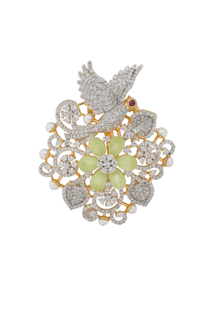 Blossom in Flight: Diamond Dove Brooch with Baby Pink Petal Bloom & Pearl Accents