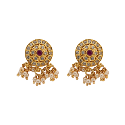 Ruby Blossom Chandbaali Pendant with Pearl Tassels