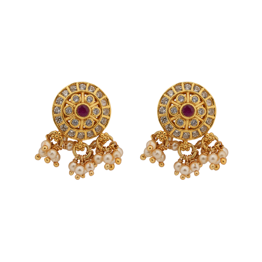 Ruby Blossom Chandbaali Pendant with Pearl Tassels