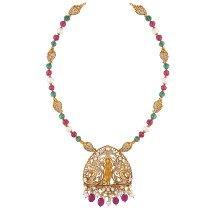 Graceful Victor Gold Haaram with Lakshmi Pendant, Ruby and Emerald Beads, and Pearl Accents