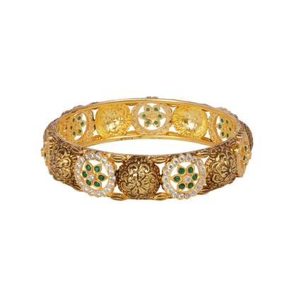 Opulent Floral Medallion Gold Bangle with Emerald and Diamond Accents