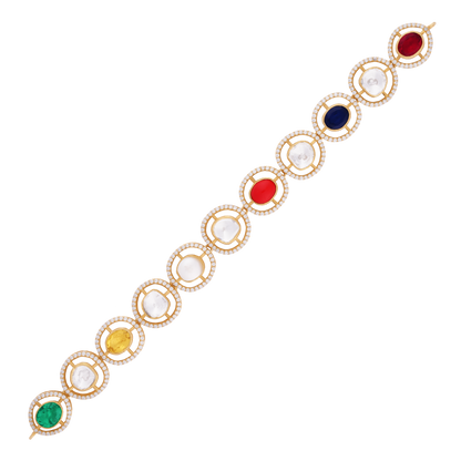 Victor Multicolor Navaratna Necklace and Earring Set with Diamond Accents