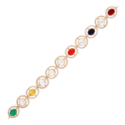Victor Multicolor Navaratna Necklace and Earring Set with Diamond Accents