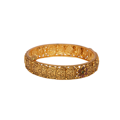 Sacred Lakshmi Gold Bangle with Temple Carvings and Ruby Highlights