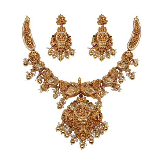 Divya Devi Temple Jewellery Set with Lakshmi Motif and Pearl Dangles