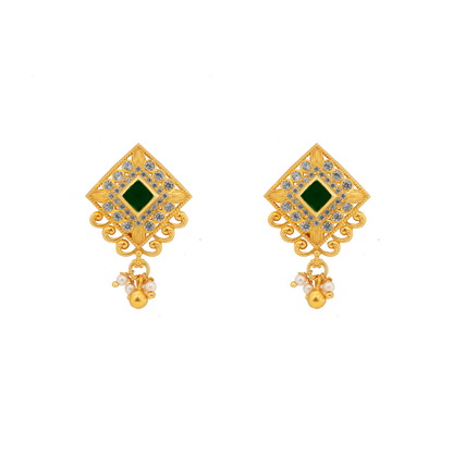 Meenakshi Emerald Square Chand Earrings with Pearl Drop