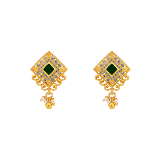 Meenakshi Emerald Square Chand Earrings with Pearl Drop