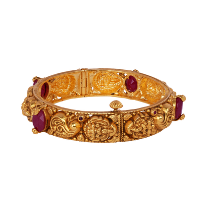 Divine Lakshmi Gold Bangle with Ruby Gemstone Embellishments