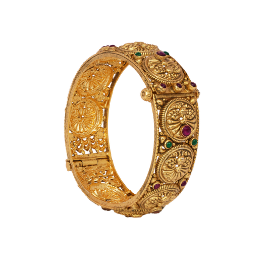 Heritage Medallion Gold Bangle with Ruby and Emerald Detailing