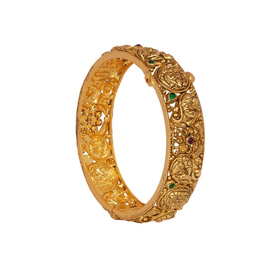 Ornate Temple Gold Bangle with Emerald and Ruby Embellishments