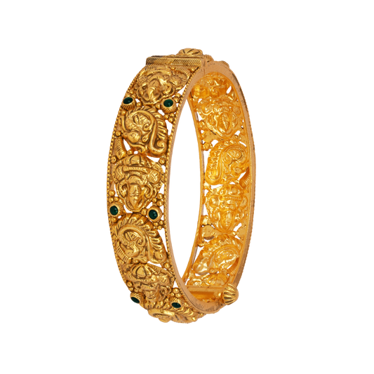 Ornate Ganesha Gold Bangle with Temple-Inspired Detailing and Emerald Highlights