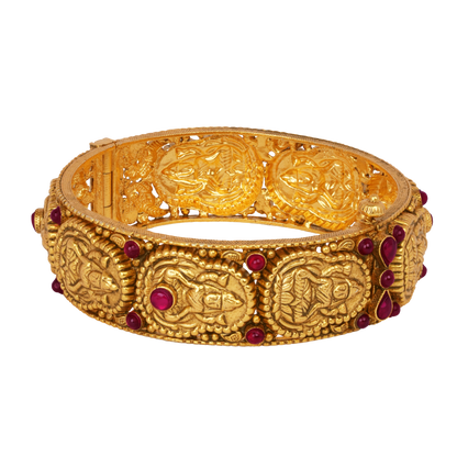 Divine Goddess Gold Bangle with Temple Motifs and Ruby Accents