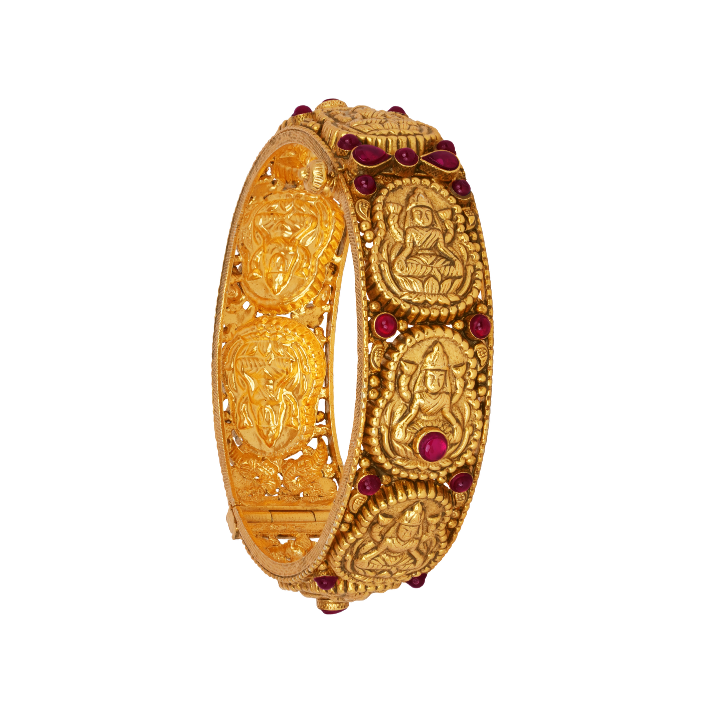 Divine Goddess Gold Bangle with Temple Motifs and Ruby Accents