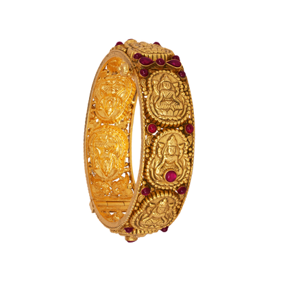 Divine Goddess Gold Bangle with Temple Motifs and Ruby Accents