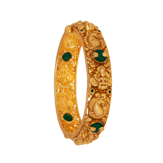 Majestic Lakshmi and Peacock Gold Bangle with Emerald Embellishments