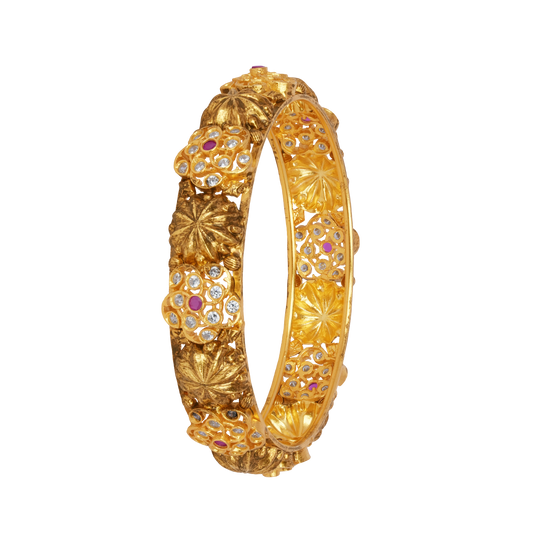 Floral Radiance Gold Bangle with Diamond and Ruby Accents