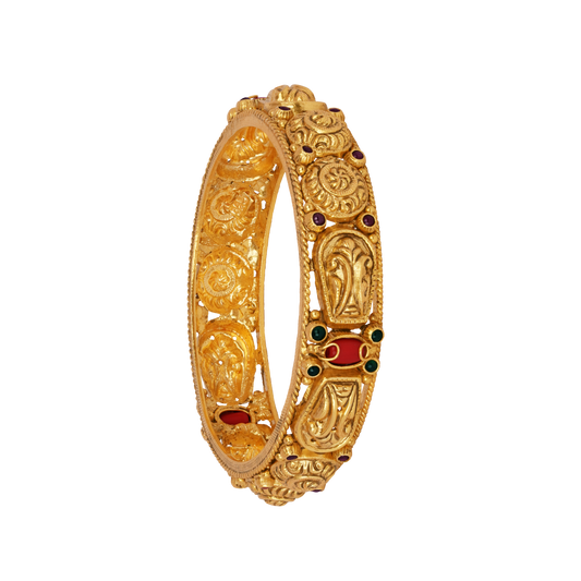 Royal Paisley Gold Bangle with Ruby and Emerald Accents
