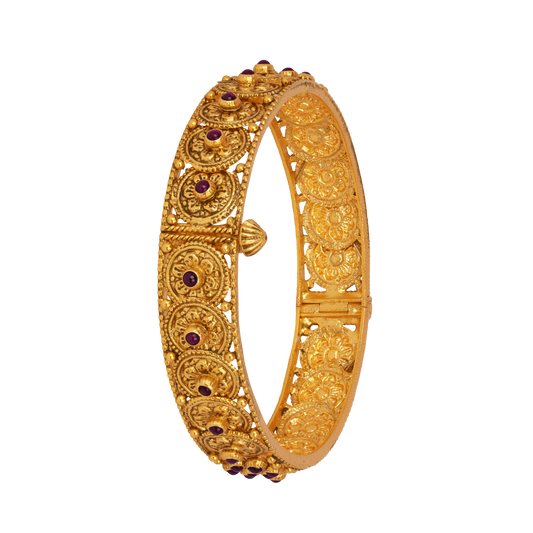 Antique Floral Medallion Gold Bangle with Ruby Studs