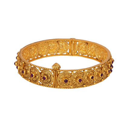 Antique Floral Medallion Gold Bangle with Ruby Studs