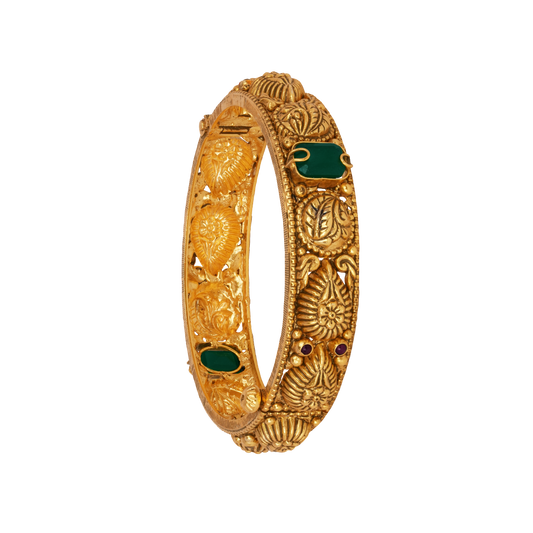 Vintage Leaf Motif Gold Bangle with Emerald and Ruby Highlights