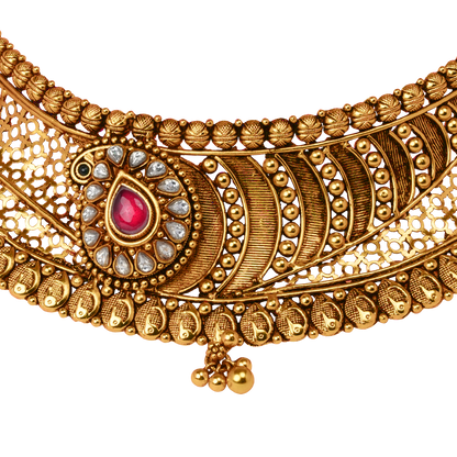 Teardrop Ruby Heritage Choker with Filigree Mesh and Coin Detailing