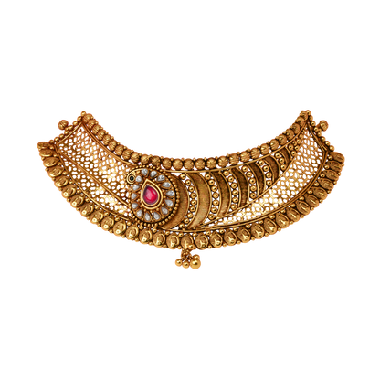 Teardrop Ruby Heritage Choker with Filigree Mesh and Coin Detailing
