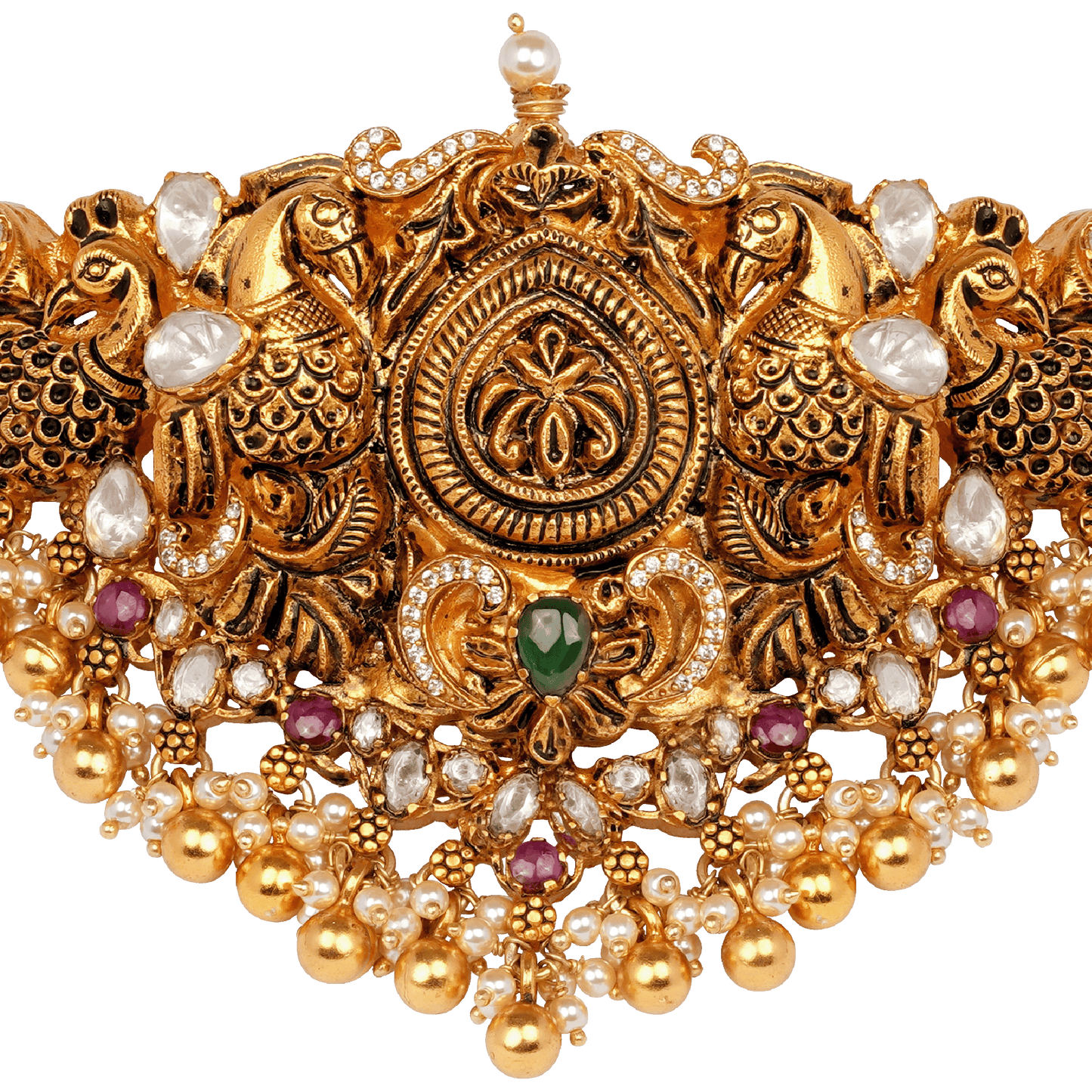Peacock Emblem Heritage Vanki with Temple Gold Finish and Gem Accents