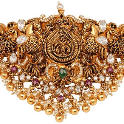 Peacock Emblem Heritage Vanki with Temple Gold Finish and Gem Accents