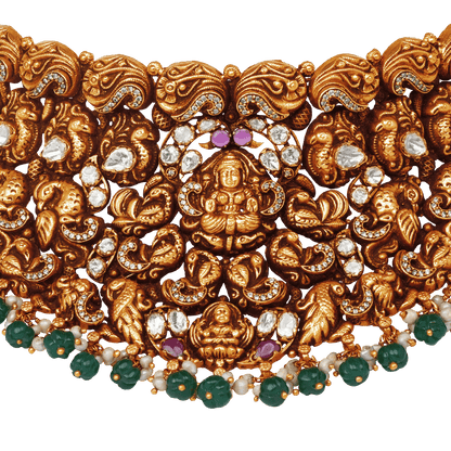 Lakshmi Gaja Vriksha Antique Temple Choker with Emerald Droplets
