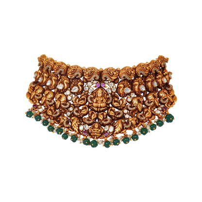 Lakshmi Gaja Vriksha Antique Temple Choker with Emerald Droplets