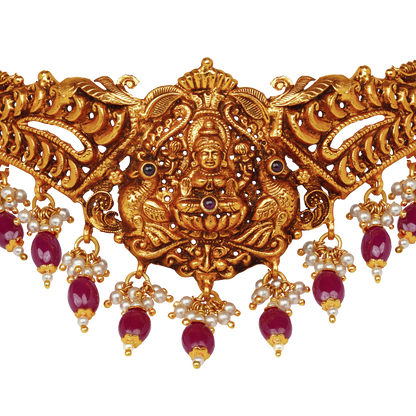 Peacock Vimana Nakashi Choker with Ruby Drops