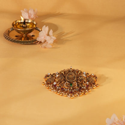 Peacock Emblem Heritage Vanki with Temple Gold Finish and Gem Accents