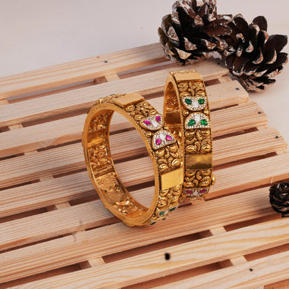 Saanvi Heritage Kada with Ruby-Emerald Panels and Antique Gold Finish
