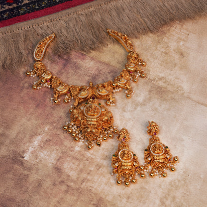 Divya Devi Temple Jewellery Set with Lakshmi Motif and Pearl Dangles