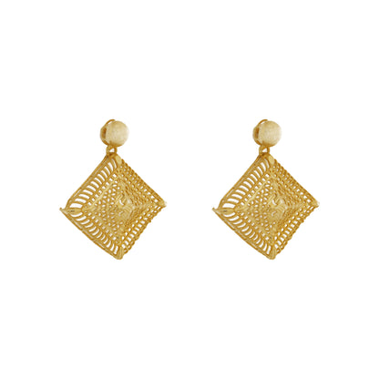 Geometric Lattice Square Drop Earrings in Antique Gold