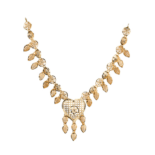 Filigree Heart Gold Necklace with Leaf Droplets