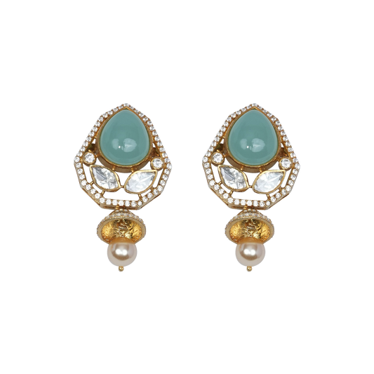 Nayra Mint Drop Earrings with Pearl Finish and Antique Detail