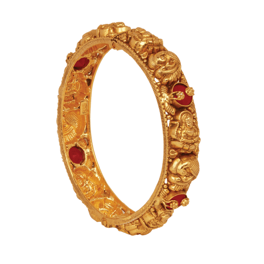 Divine Lakshmi and Elephant Gold Bangle with Ruby Accents
