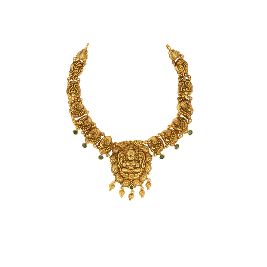 Lakshmi Radiance Antique Gold Necklace with Emerald Droplets