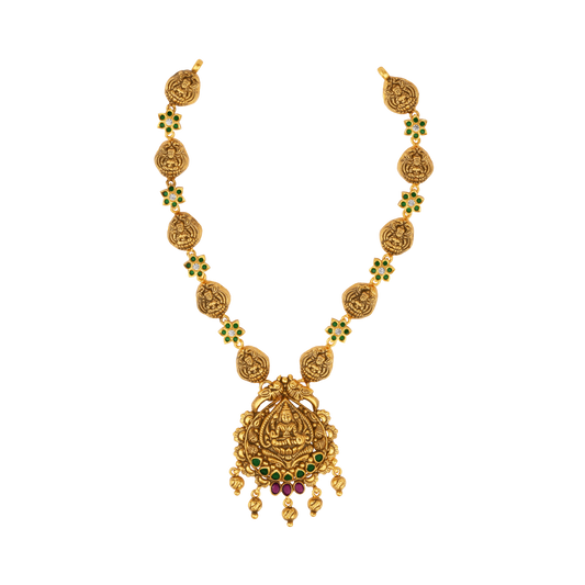 Majestic Lakshmi Coin Necklace with Emerald Floral Links and Ruby Drop Accents