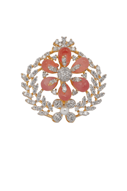 Petals of Grace: Diamond-Studded Floral Brooch with Blush Deep Purple Accents & Pearl Center