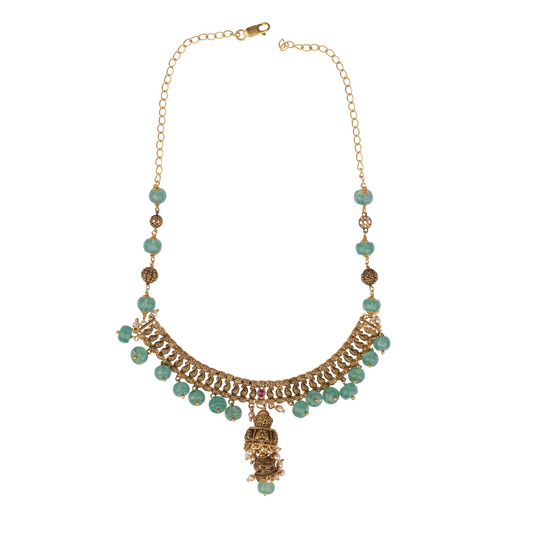 Goddess Lakshmi Temple Pendant Necklace with Aqua Bead Detailing