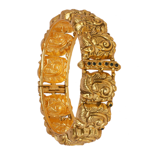 Mythical Peacock Gold Bangle with Emerald Detailing