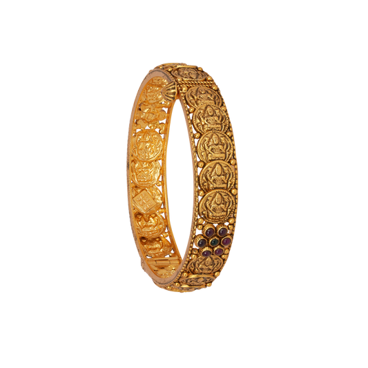 Sacred Lakshmi Gold Bangle with Temple Carvings and Ruby Highlights