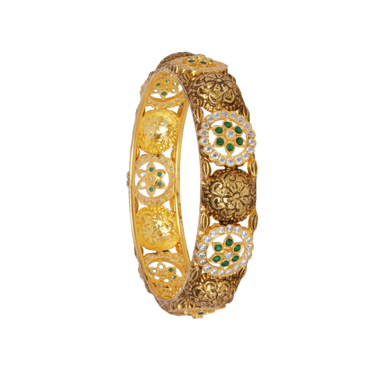 Opulent Floral Medallion Gold Bangle with Emerald and Diamond Accents