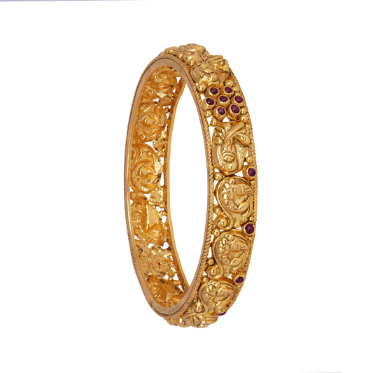 Intricate Floral Vine Gold Bangle with Ruby Detailing